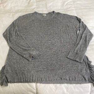 Anthropologie Soft grey ruffle hem long sleeve shirt